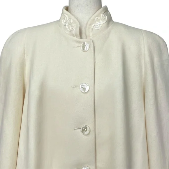 Alorna Vintage 90s Soutache Trim Button Front Ivory Wool Swing Coat - Picture 2 of 10
